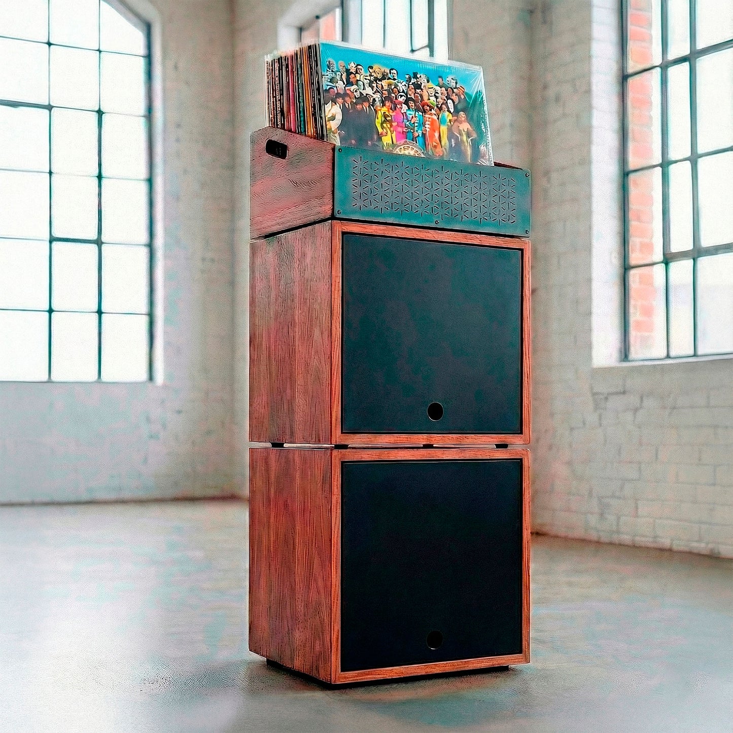 Libreria modulare in legno scuro per organizzare ed esporre dischi in vinile.