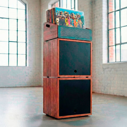 Libreria modulare in legno scuro per organizzare ed esporre dischi in vinile.