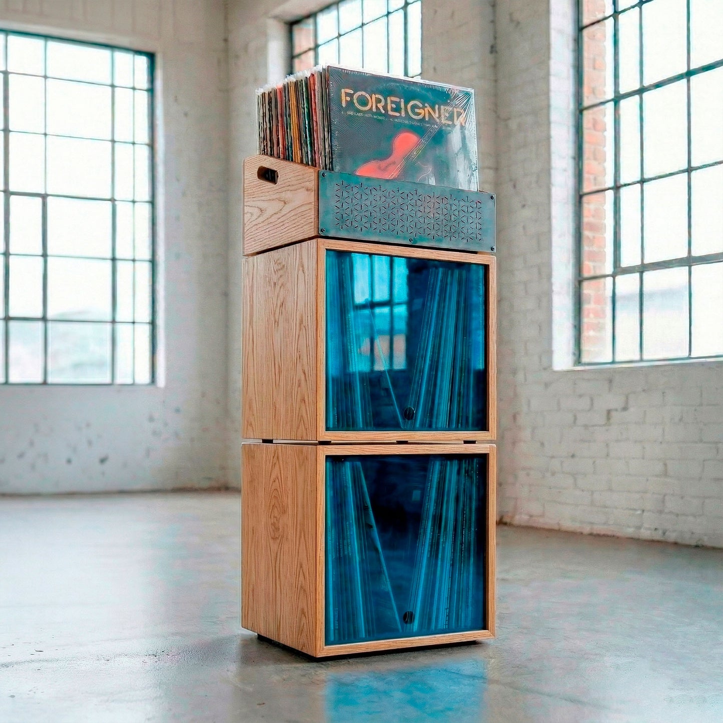 Digger's Stack Natural with Blue acrylic lid - FSC-certified hardwood turntable stand for vinyl collectors