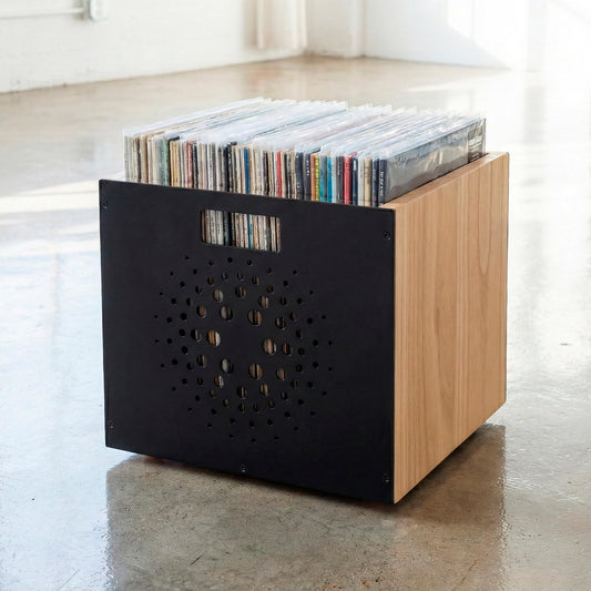 Minimalist plywood record box for modern audiophile setups.