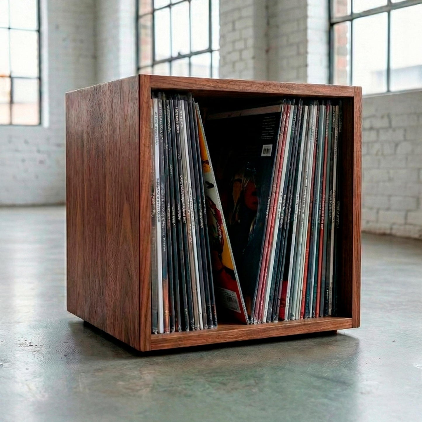 Stackable wooden vinyl record storage crates for large LP collections.
