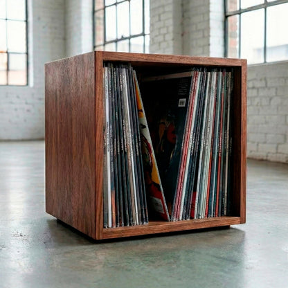 Stackable wooden vinyl record storage crates for large LP collections.
