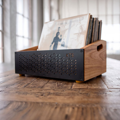 Set of five open-top vinyl record crates by Keep Them Spinning holding a 300-LP collection