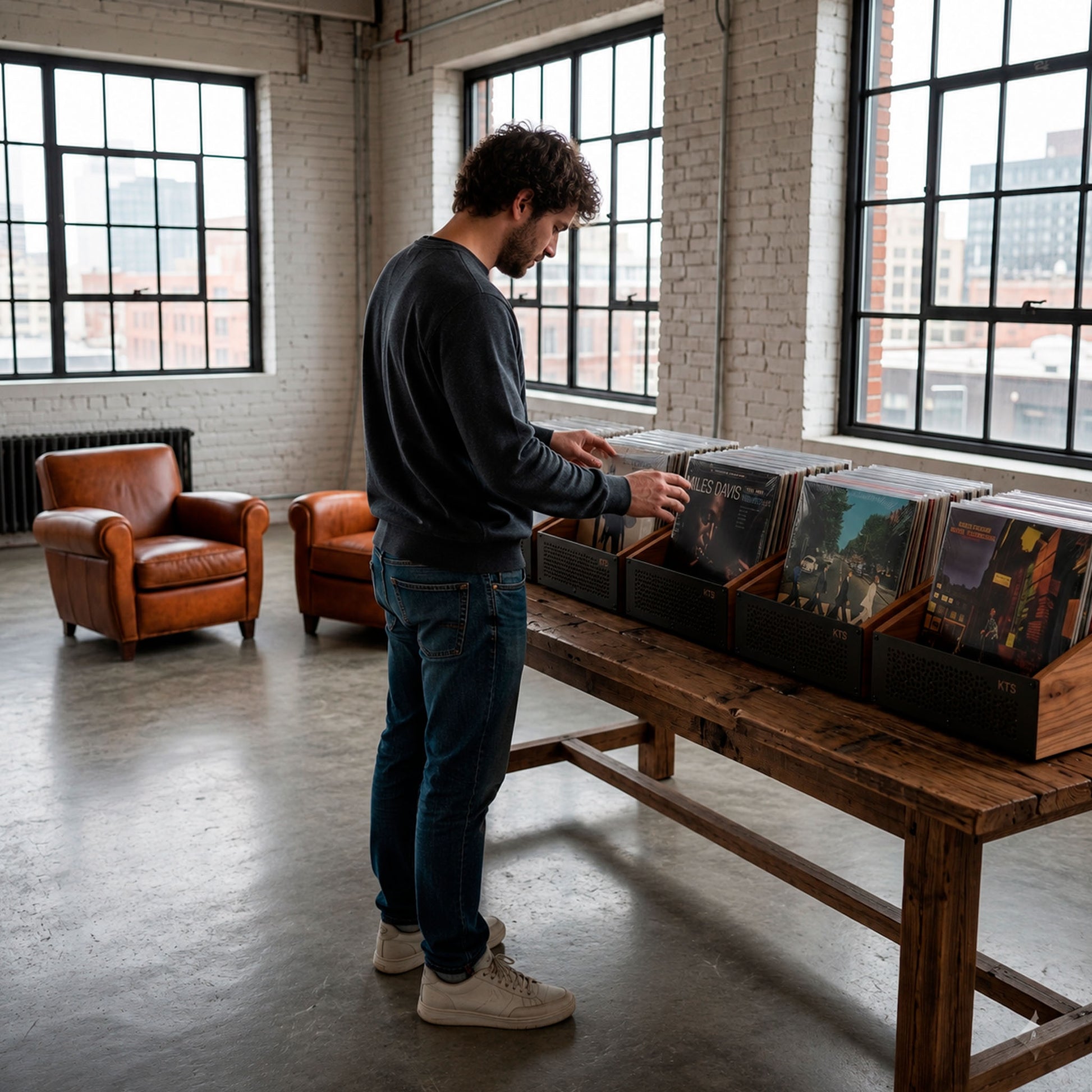 Four-crate open-top vinyl storage set displaying a 240-LP collection