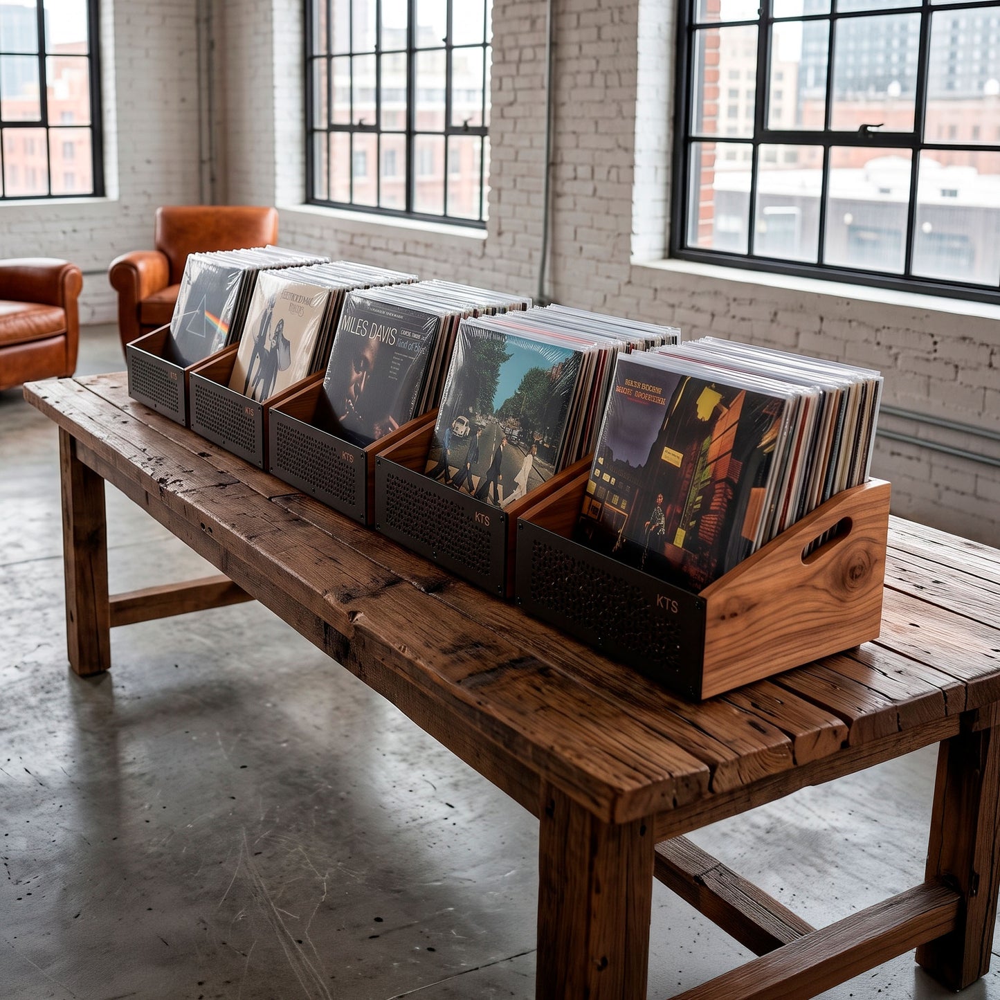 Stack of open-top vinyl record crates from the Set of 5 with carbon-steel fronts