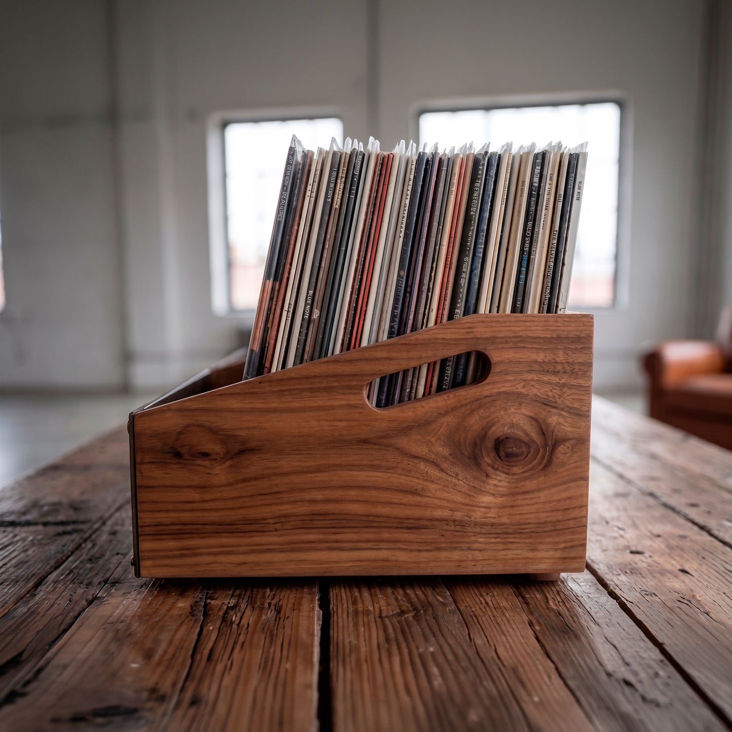 Five open-top solid wood vinyl record crates in Natural finish lined up for 300-LP storage