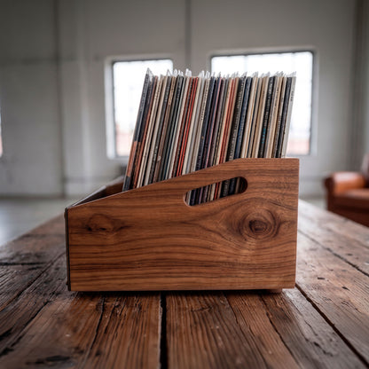 Five open-top solid wood vinyl record crates in Natural finish lined up for 300-LP storage