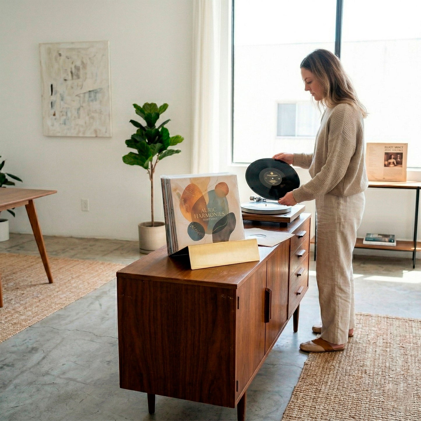 Gold Vinyl Break record stand on mid-century credenza next to turntable in lifestyle setting