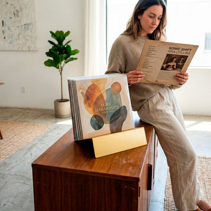 Woman reading vinyl record sleeve beside gold Vinyl Break LP stand in modern living room