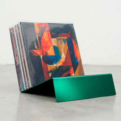 Green Vinyl Break steel vinyl record holder with LP collection and Now Playing display slot