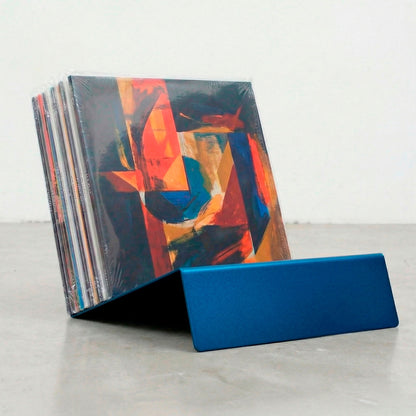 Blue powder-coated Vinyl Break steel record display stand with vinyl LP collection
