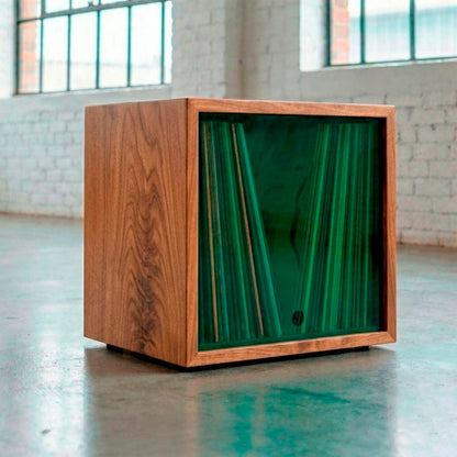 Vinyl Modular 50 LP - Walnut wood with Green acrylic lid - stackable vinyl record storage