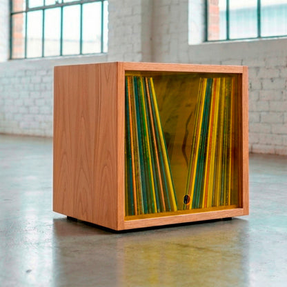 Vinyl Modular 50 LP - Natural wood with Yellow acrylic lid - stackable vinyl record storage