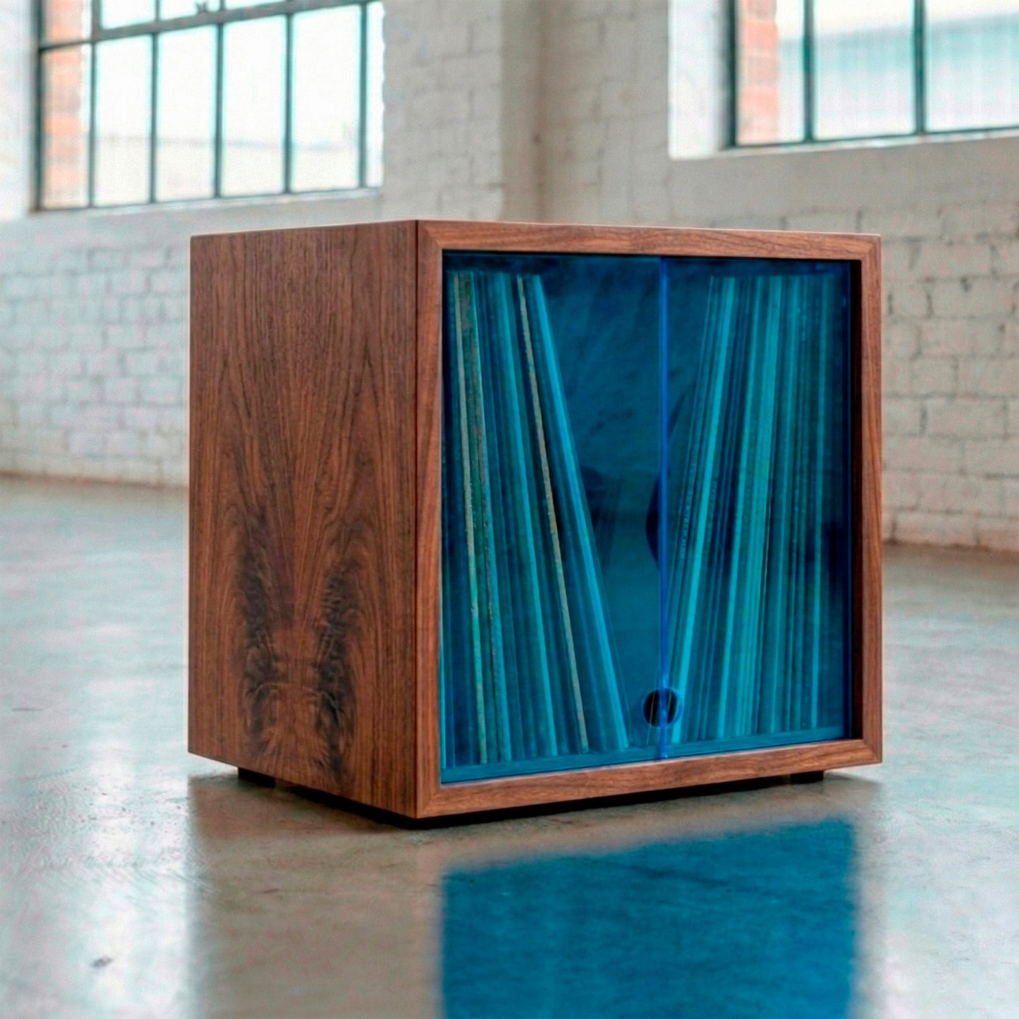 Vinyl Modular 50 LP - Walnut wood with Blue acrylic lid - stackable vinyl record storage