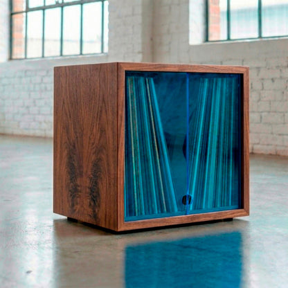 Vinyl Modular 50 LP - Walnut wood with Blue acrylic lid - stackable vinyl record storage