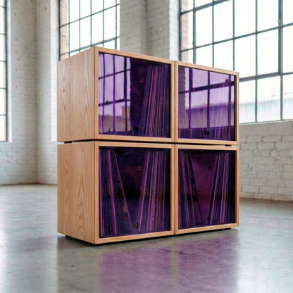 Natural Vinyl Modular x4 with purple acrylic lids for vibrant vinyl record storage