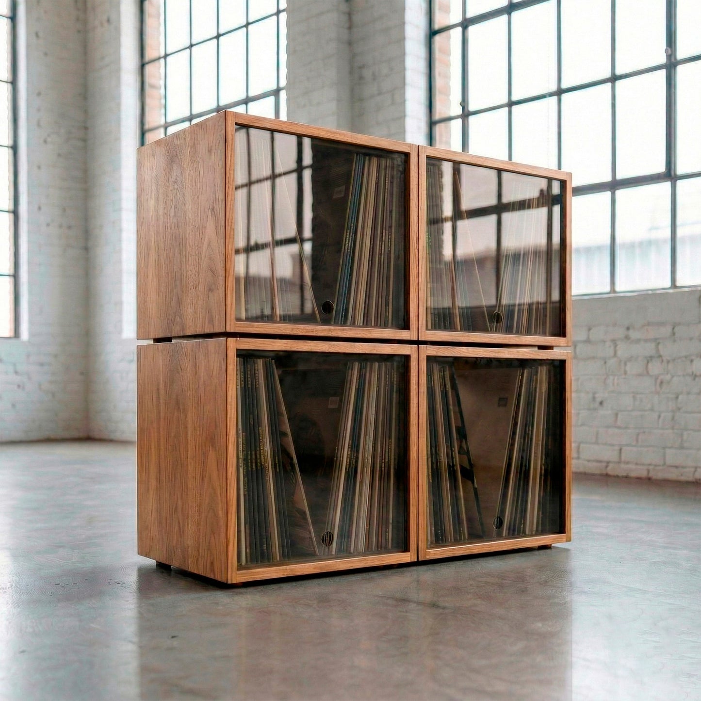 Natural Vinyl Modular x4 with tea gray acrylic lids as stackable record storage