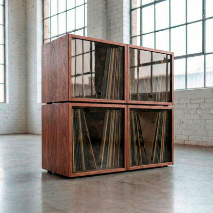 Walnut Vinyl Modular x4 with tea gray acrylic lids for contemporary vinyl display