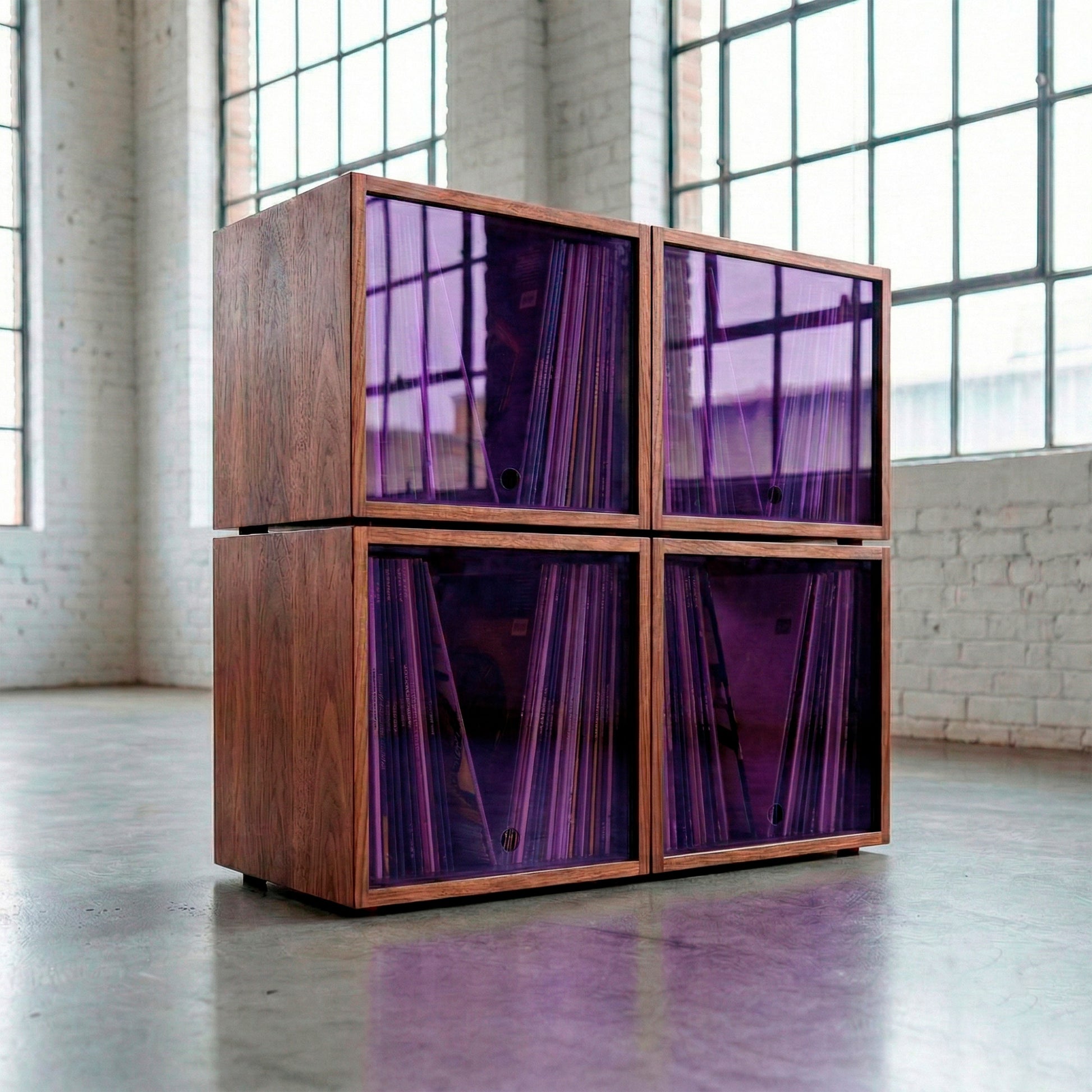 Cubos de almacenamiento de discos de vinilo modernos de nogal con puertas de acrílico teñido de verde.