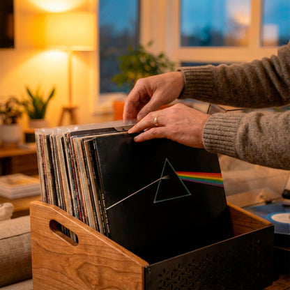 Caja porta vinilos de madera con discos en vertical, tocadiscos al lado y decoración minimalista en salón