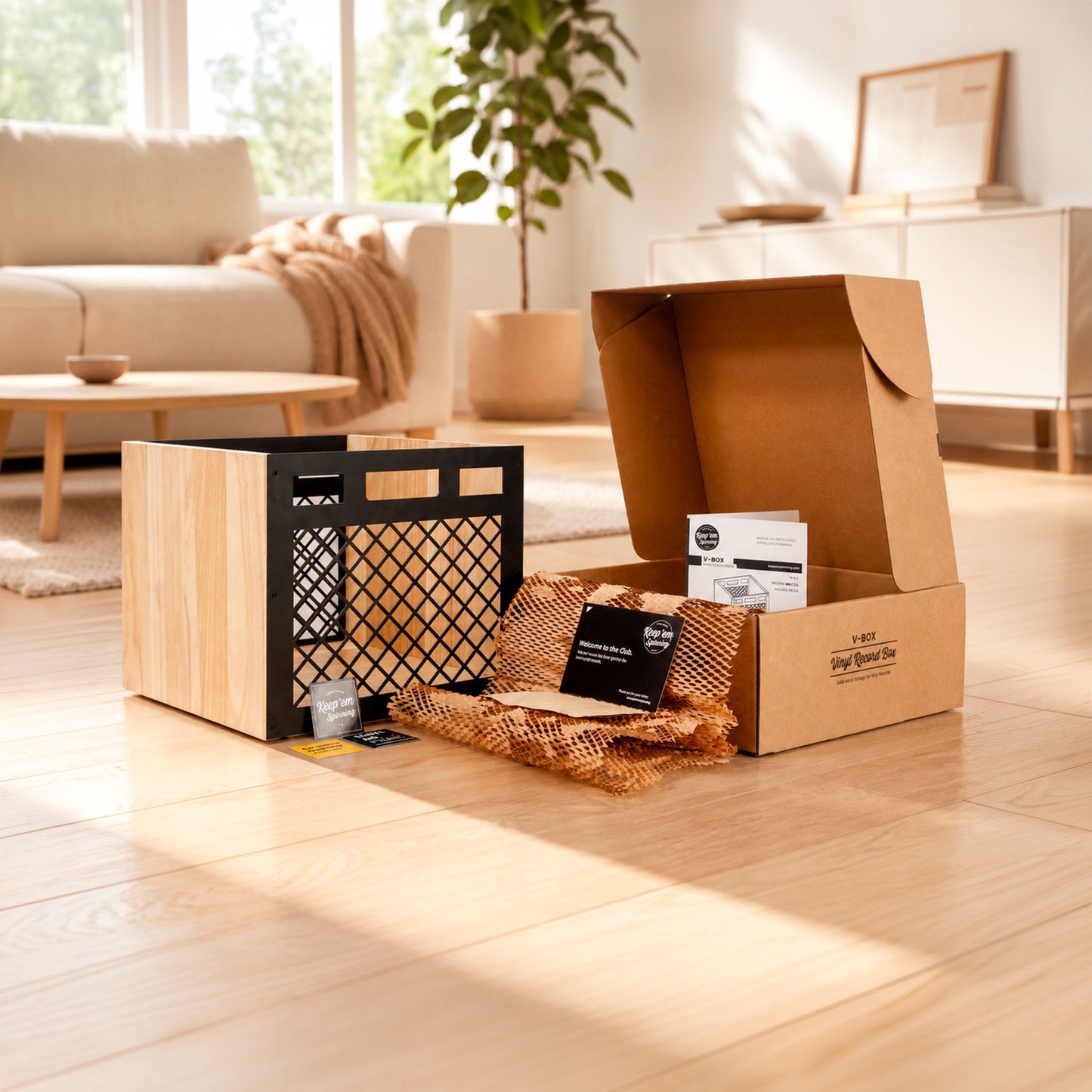 Solid wood vinyl record box by Keep Them Spinning holding a vinyl collection