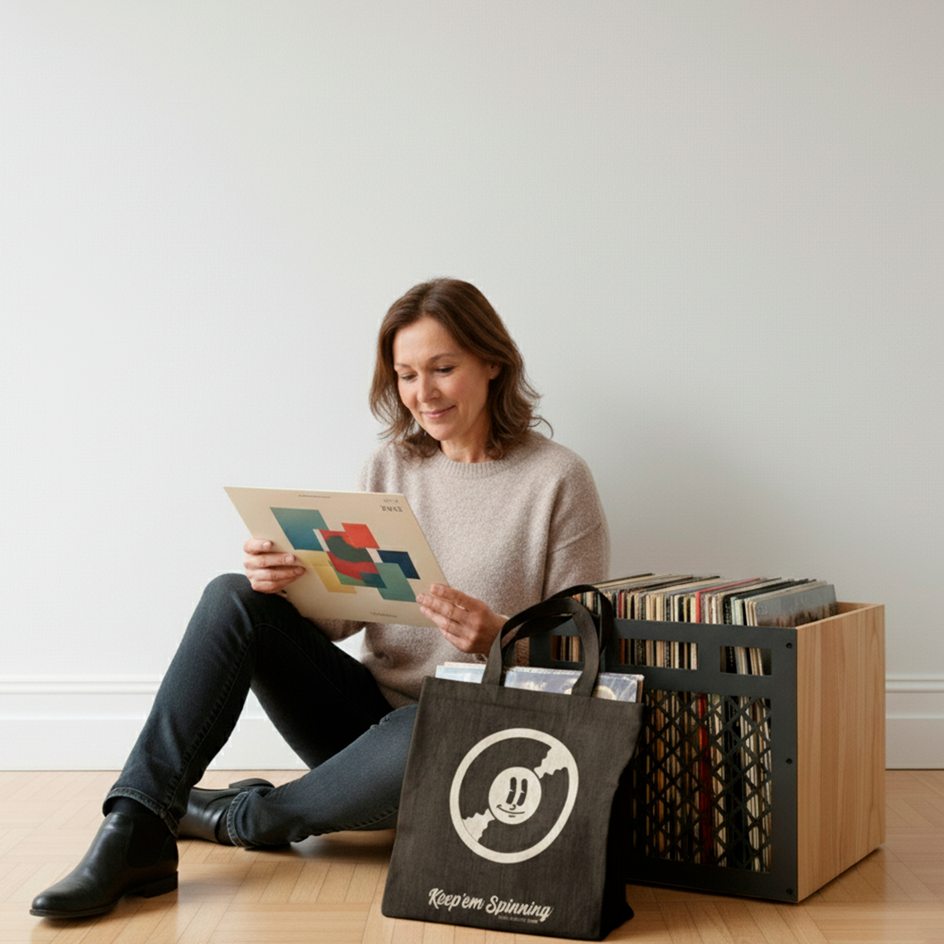 Mujer de 50 años colocando discos de vinilo recién comprados