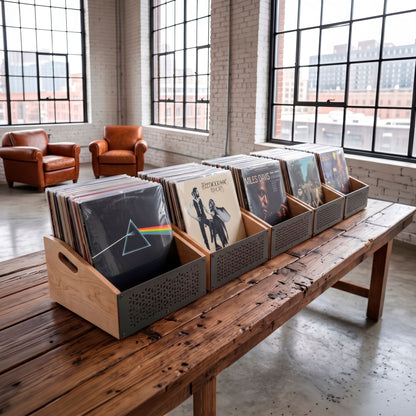 Open-top vinyl record crates from the Set of 5 with integrated handles for portable LP storage