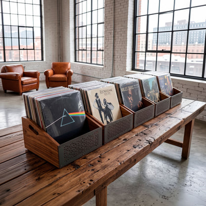 Five open-top solid wood vinyl record crates as a 300-LP storage set