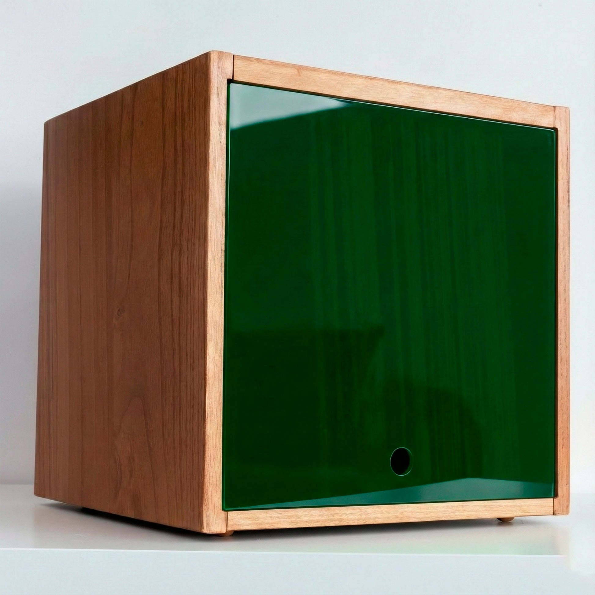 Modular vinyl storage unit with a clear transparent cover for vinyl record protection.