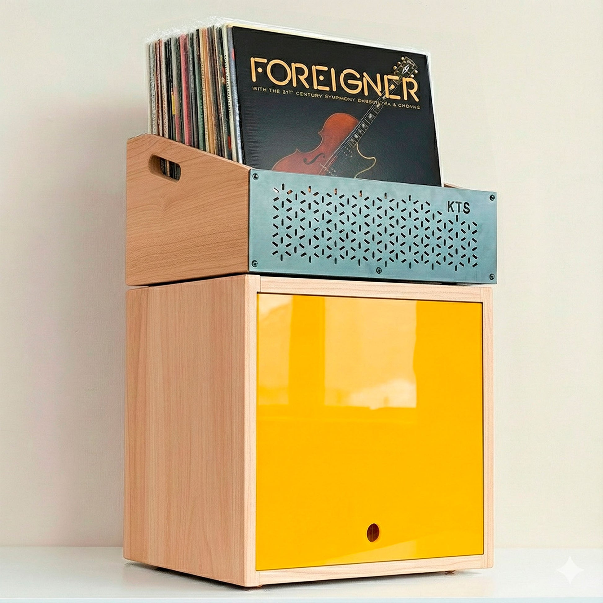 Portable wooden crate with handles for vinyl record transport.