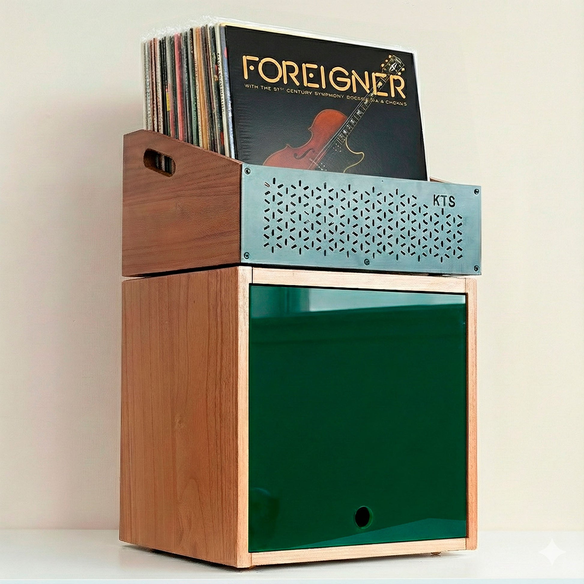 Desktop vinyl record display stand for "Now Playing" albums.