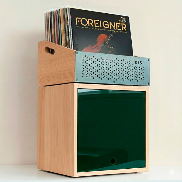 Cajón organizador de discos 12 pulgadas en madera natural.