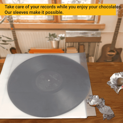 Vinyl record on a translucent anti-static inner sleeve on a wooden table