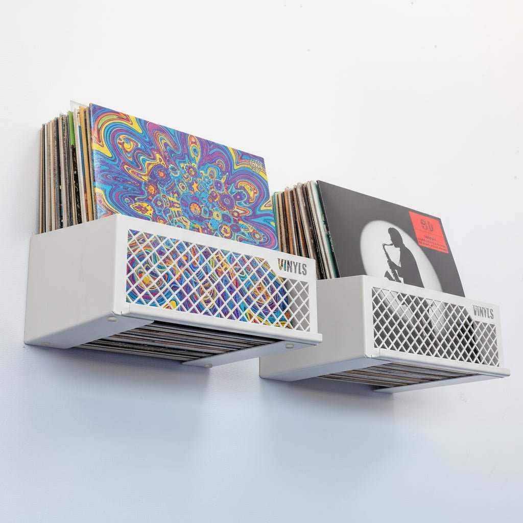 Metal wall-mounted vinyl record holder for organizing LP records, music vinyls and second hand vinyls.