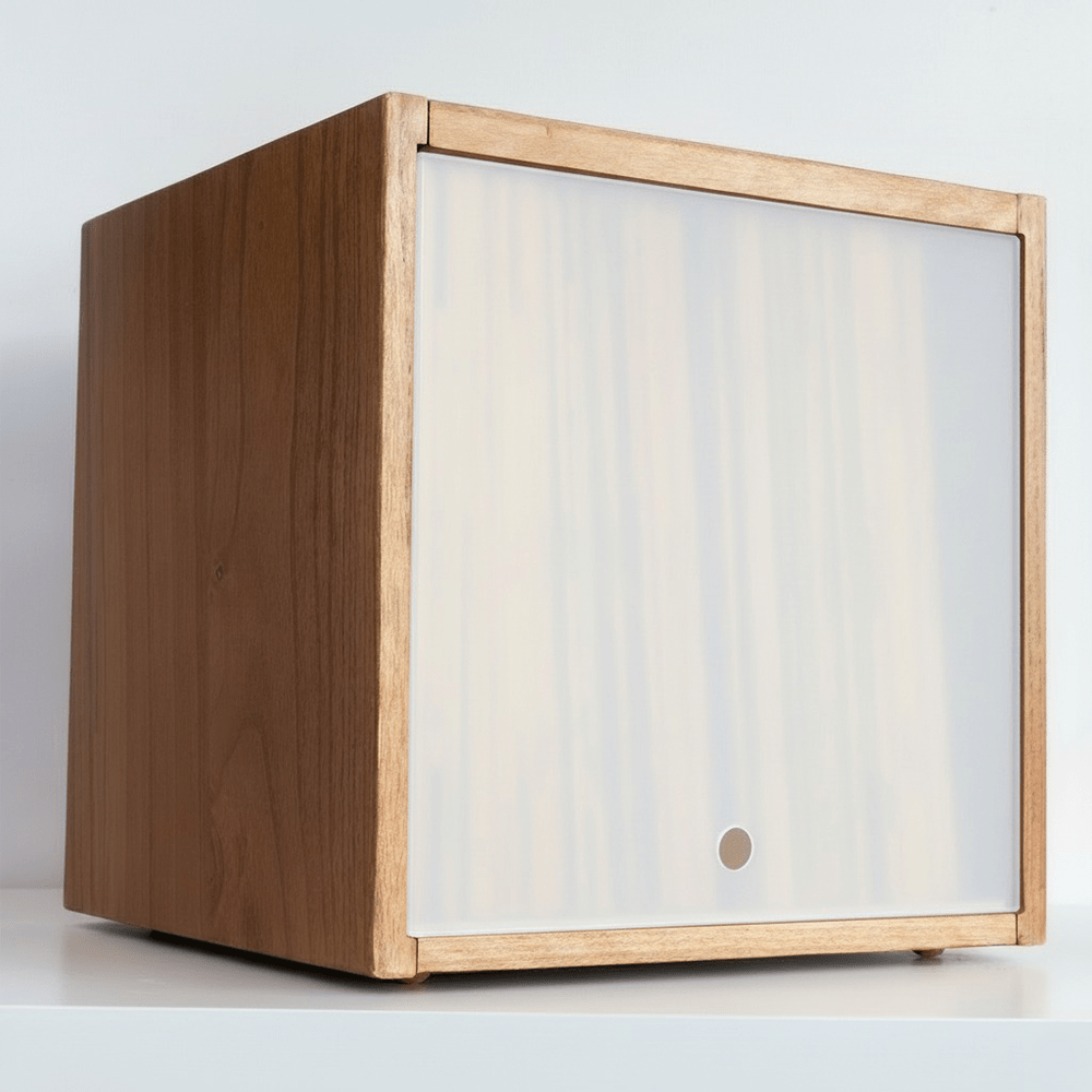 Solid wood modular vinyl storage box with a white transparent lid, designed to hold up to 70 LP records and organize second hand vinyls.