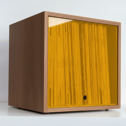 Solid wood modular vinyl storage box with a yellow transparent lid, designed to hold up to 70 LP records and organize second hand vinyls.