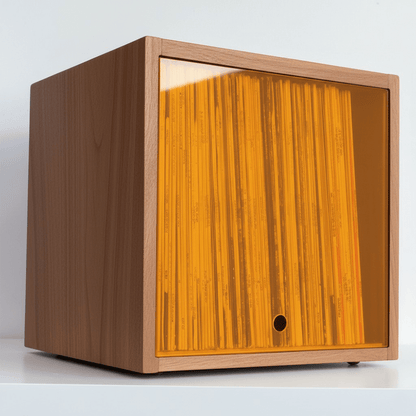 Solid wood modular vinyl storage box with a orange transparent lid, designed to hold up to 70 LP records and organize second hand vinyls.