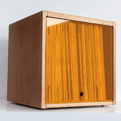 Solid wood modular vinyl storage box with a orange transparent lid, designed to hold up to 70 LP records and organize second hand vinyls.