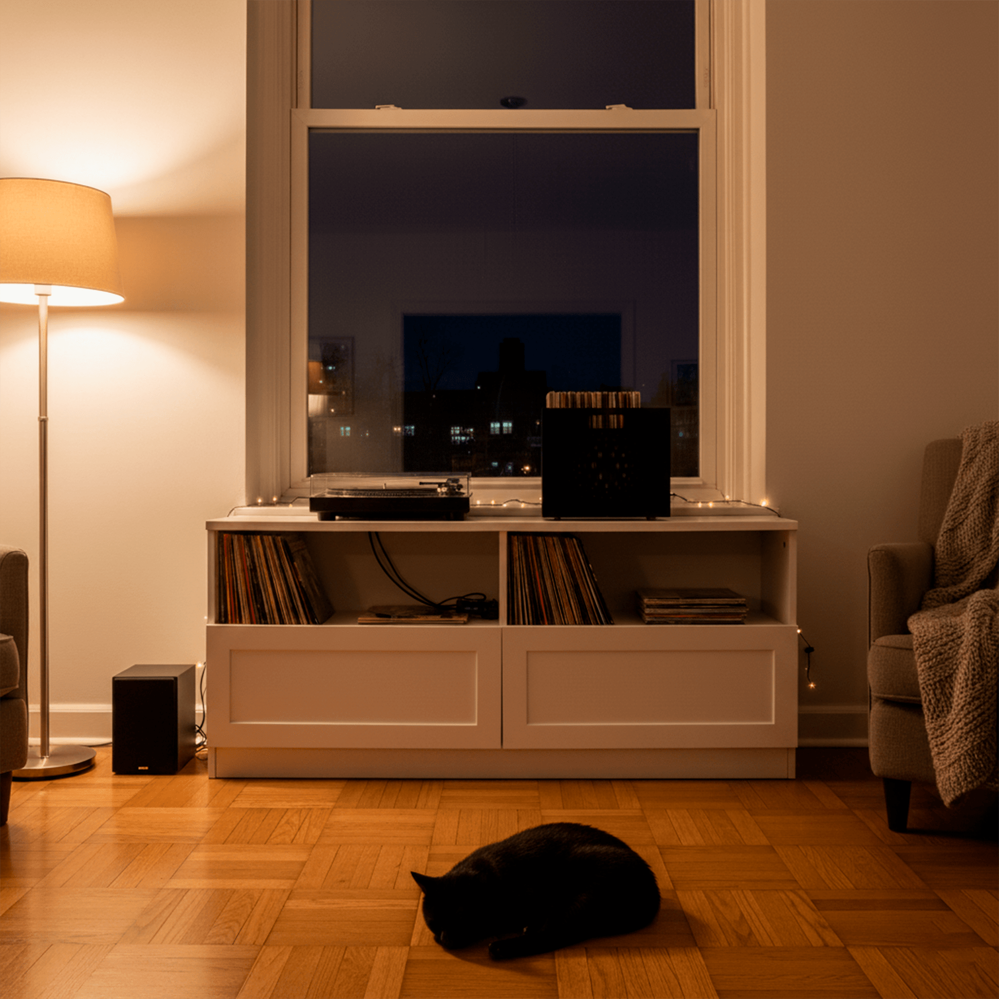 Salón con tocadiscos y caja con vinilos