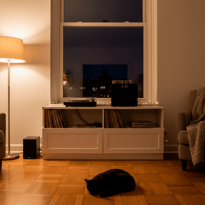 Salón con tocadiscos y caja con vinilos