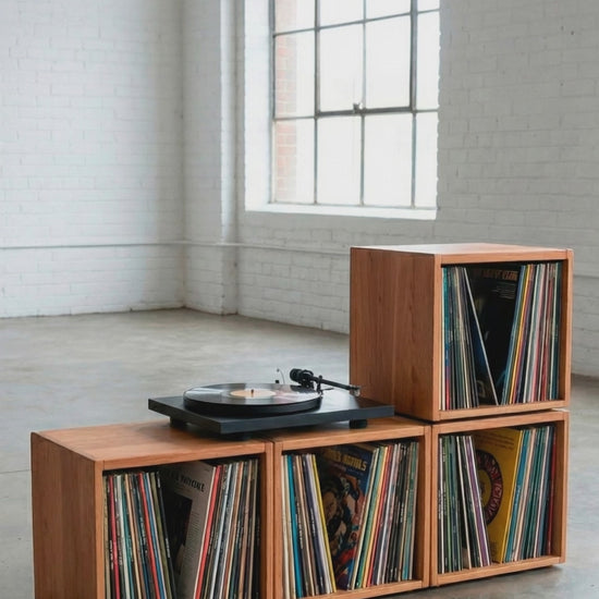 Vinyl Modular x4 — modular solid wood vinyl storage system holding 200+ records with turntable