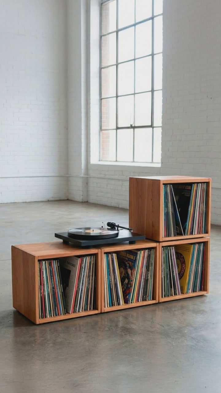 Vinyl Modular x4 — modular solid wood vinyl storage system holding 200+ records with turntable